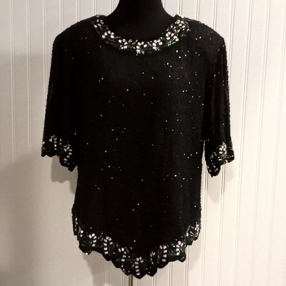 80's Laurence Kazar Beaded Silk Xmas Top - Picture 1 of 6